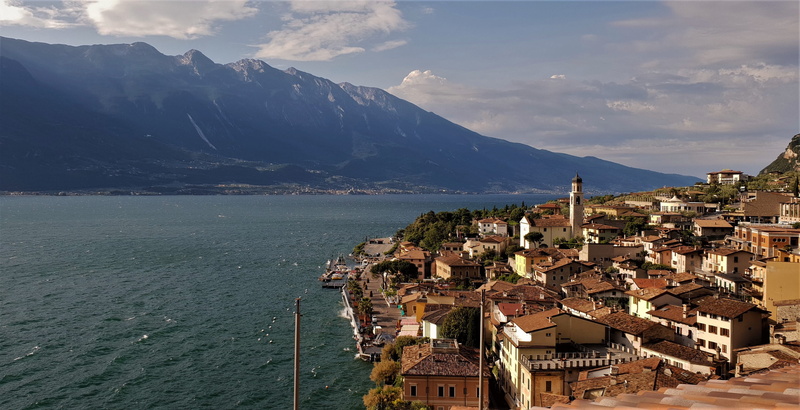 view, mountains, mountain, cloud - sky, water, nature, vacations, landscape, mood, sea, old, city, malcesine, italy, sky, lake, cityscape, high angle view