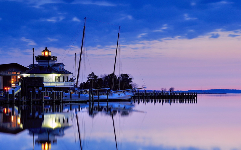 Bay, Night, USA, Reflection, Lighthouse, 1080P, Blue, Maryland, Sky, Water