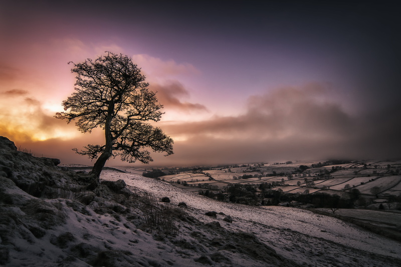 silhouette, sunset, Malham, nature, tree, jones, snow, fog, yorkshire  dales, sky, mist, samsung  NX1, sunrise, 5K, landscape, rocks, dawn