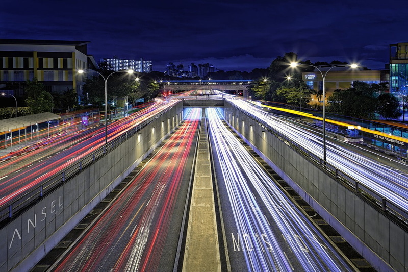 long exposure, road, light trails, city, lights, 480P