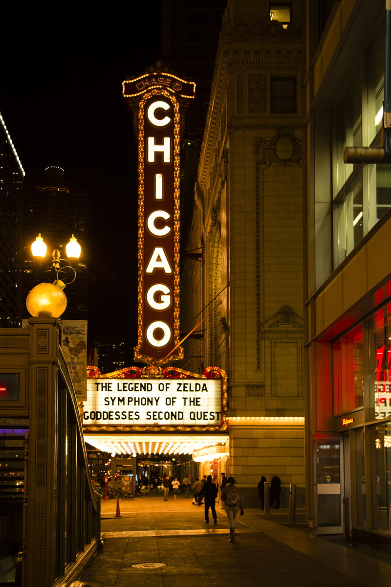 script, built structure, signage, commercial sign, chicago theater, non-western script, night, 5K, outdoors, downtown, store sign, sign, information, information sign