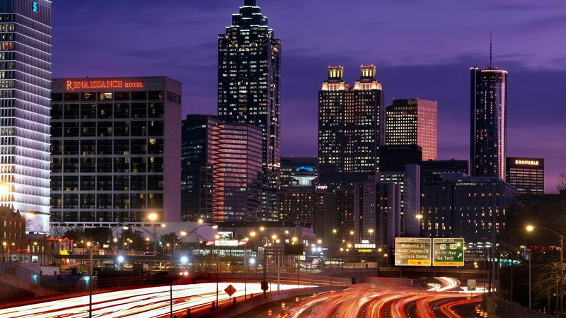 architecture, famous Place, downtown District, office, blue, city, lapse, photo, georgia, light, building Exterior, twilight, metropolis, outdoors, skyscrapers