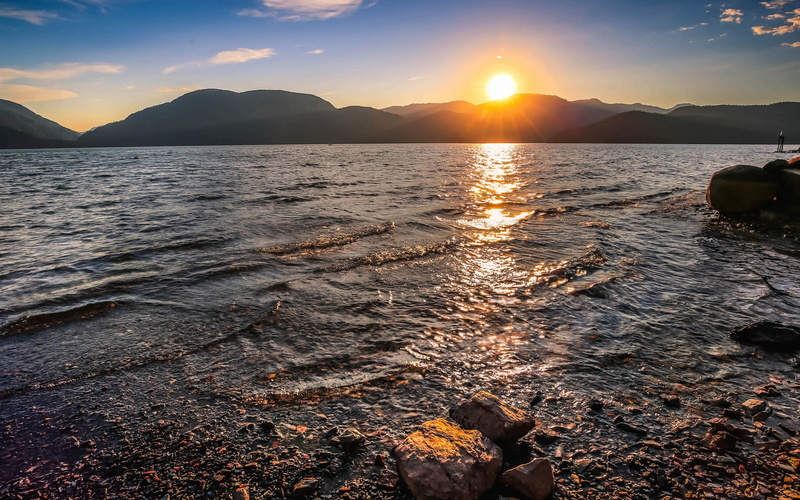 lens flare, solid, sun, tranquility, land, sea, water, sky, cloud - sky, harrison, no people, beautiful, reflection, mountain, canada, sunset
