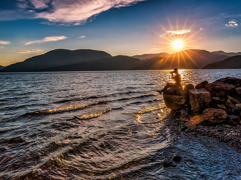 scenics - nature, lake, sunlight, non-urban scene, cloud - sky, landscape, sunset, canada, water, harrison, solid, idyllic, rock, nature, mountain
