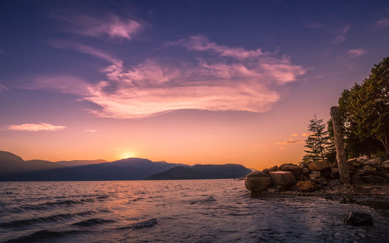 scenics - nature, rock - object, tree, tranquility, lake, tranquil scene, mountain, non-urban scene, harrison, canada, sky, beauty in nature, water, sunset