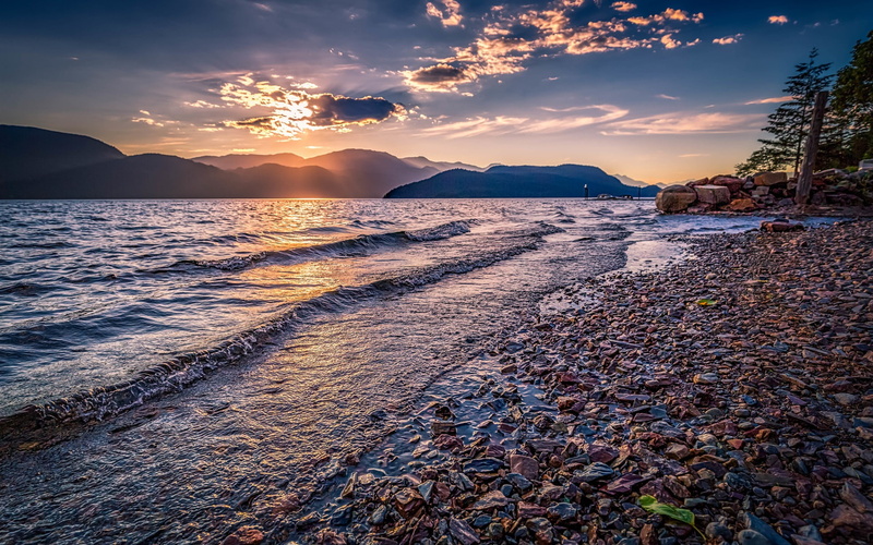 tranquil scene, canada, water, sunset, sky, harrison, nature, mountain, outdoors, sea, remote, 1080P, beautiful, idyllic, landscape, sunlight, beach