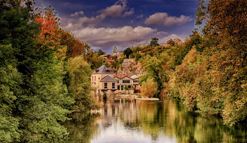 water, river, scenic, grind, outdoors, stream, landscape, grain, nature, power, residential district, cloud - sky, mill, change, house, 2K, tree, autumn