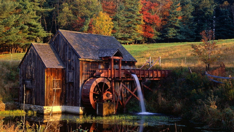 vermont, landscape, autumn, mill, hut, water, 1080P, tree, united states, grist mill, guildhall, usa, old guildhall grist mill, cottage, nature