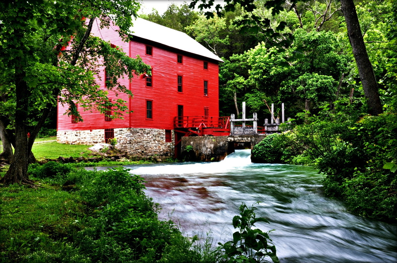 waterfront, grist, trees, building exterior, outdoors, day, scenic, stream, green color, beauty in nature, motion, plant, water, 2K, no people, old, gristmill
