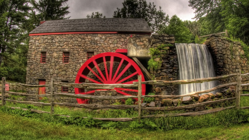 nature, 4K, built structure, wood - material, sudbury, water wheel, watermill, forest, day, wayside inn grist mill, architecture, tree, landscape, grass