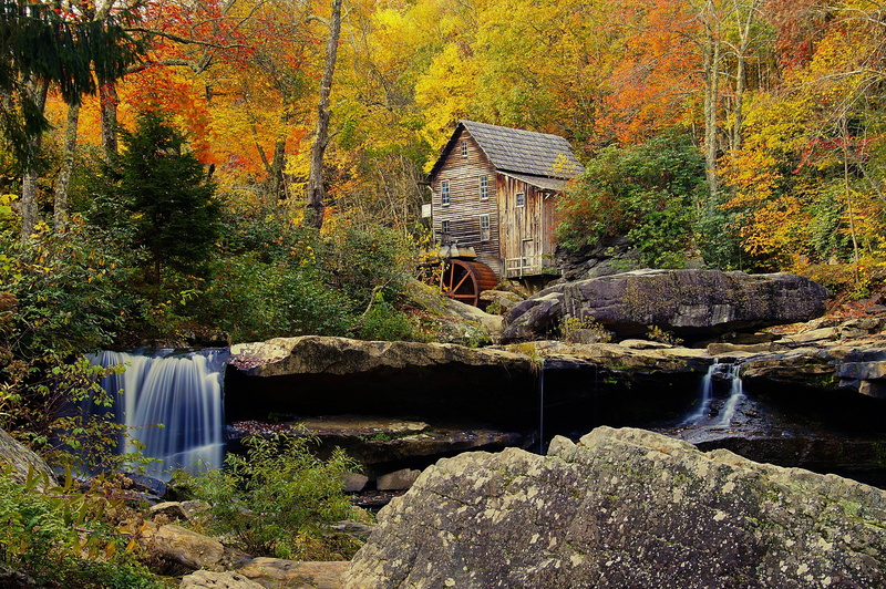 waterfall, mill, river, 4K, autumn, landscape, forest, babcock, state, crist, park
