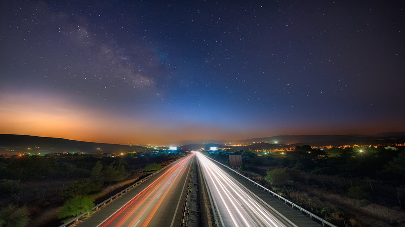 travel, street, light - Natural Phenomenon, nature, diminishing perspective, astronomy, starry sky, light trail, space, galaxy, dusk, traffic, illuminated