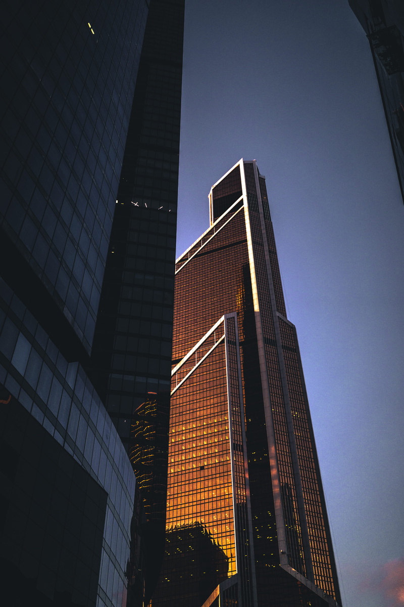 clear sky, travel destinations, sky, building exterior, building, tower, city, glass - material, no people, outdoors, moscow, office building exterior