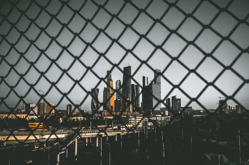 building exterior, 5K, buildings, rise, summer, building, fence, road, chainlink fence, traffic, ex. city, travel, front, tall - high, office building exterior