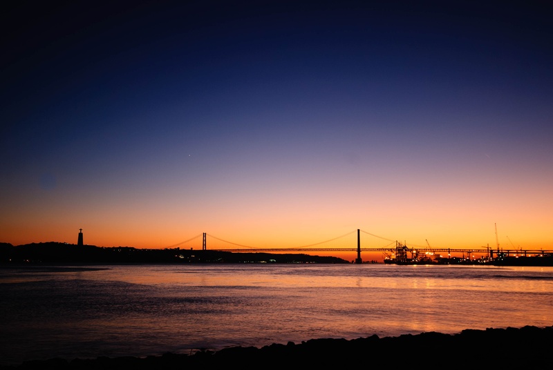 suspension bridge, no people, outdoors, sky, bridge - man made structure, nature, lisbon, travel destinations, sunset, sea, copy space, 2K, architecture