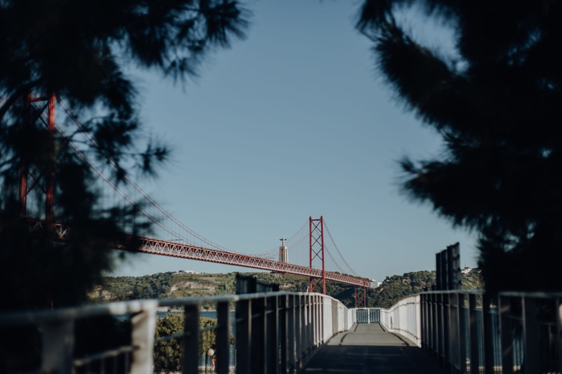 architecture, sunset, light, street, suspension bridge, road, trees, red bridge, travel destinations, daylight, 25 de abril bridge, nature, tree, Lisbon