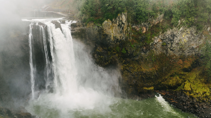 river, scenics - nature, waterfall, waterfalls, aerial, flowing water, plant, snoqualmie falls, snoqualmie, grey, united states, stream, 8K, blurred motion