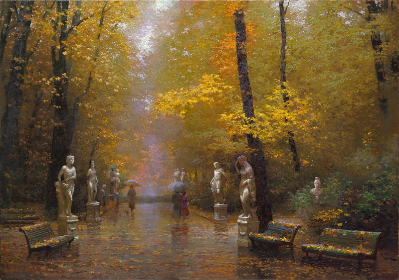 autumn, defoliation, nizovtsev, tour, benches, statue, park, 1080P, landscape, victor, art, trees, gold, picture, umbrellas, rain