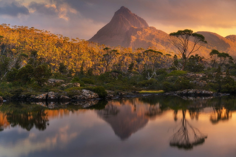reflection, Tasmania, sunset, lake, trees, mountains, nature, 720P, landscape, photography, water