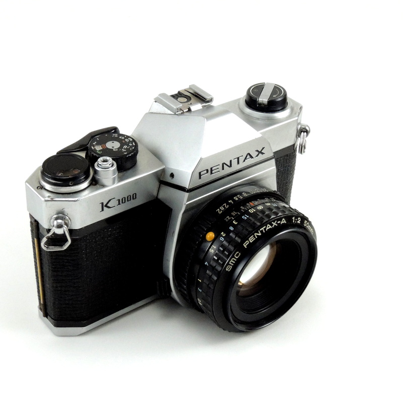 pentax, retro styled, white background, still life, no people, equipment, slr camera, Analog, Camera, photographic equipment, single object, lens, Photographic