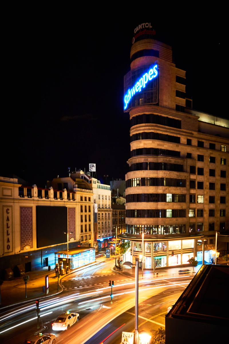 road, city, no people, night, illuminated, spain, street, madrid, motion, car, motor vehicle, office building exterior, long exposure, built structure