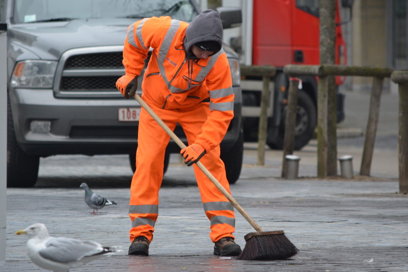 holding, nightman, orange, man, uniform, clothing, brush, working, reflective clothing, scavenger, one person, hardhat, wagner, full length, 4K, road