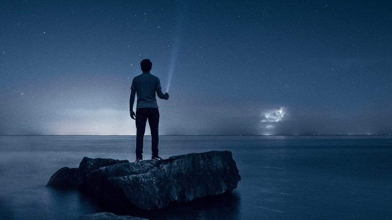 outdoors, starry, man, sky, blue, Starry sky, vara, looking at view, horizon over water, land, one person, sea, warren wang, astronomy, night, star - space