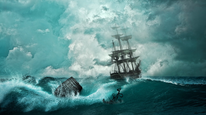 art, The storm, vara, ship, fantasy, summer, storm, sea, water, luminos, white, blue, 2K