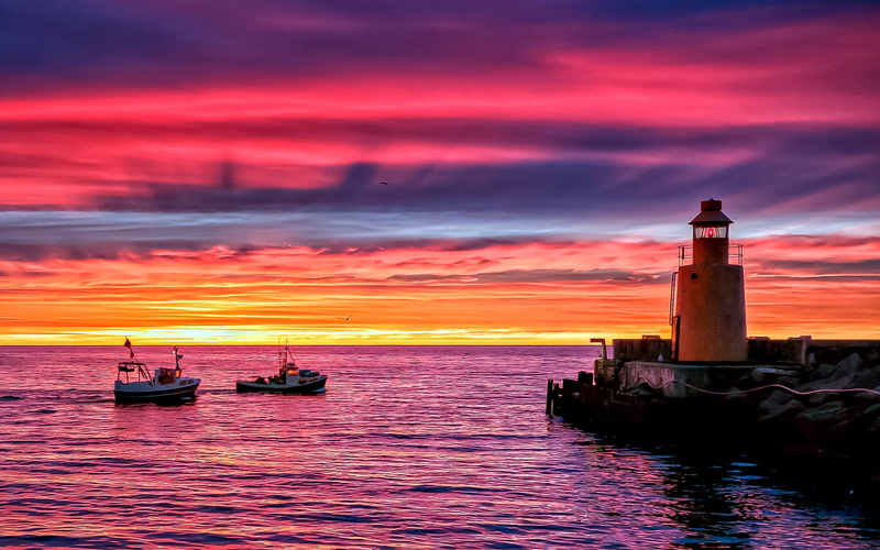 1080P, Sunset, Pier, Beach, Sea, Lighthouse, Boats, Evening