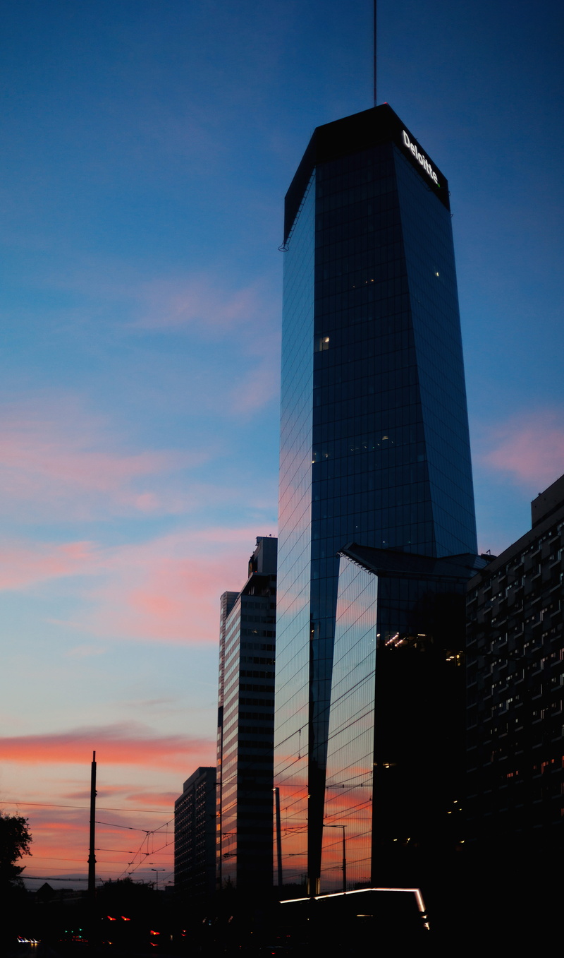 modern, sunset, evening, outdoors, skyscraper, city, urban, building, tower, financial district, building exterior, office, cloud - sky, vanilla, architecture