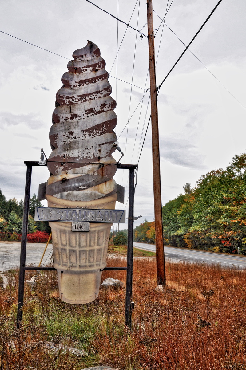 no people, sky, lonely, electricity, cloud - sky, field, cone, historic, memories, rusty, Ice Cream, power line, old, grass, 50s, plant, technology, softie