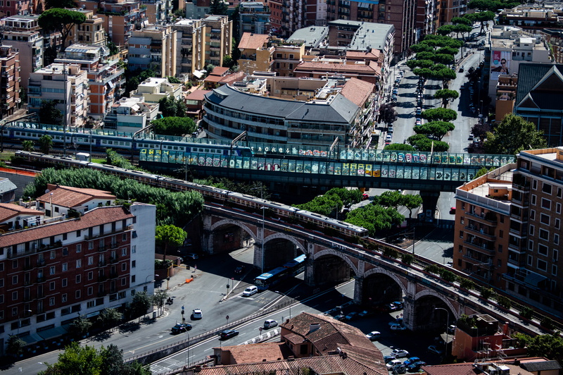 bridge, public transport, architecture, arch bridge, outdoors, motor vehicle, high angle view, urban, transportation, italy, nature, roads, street, arch