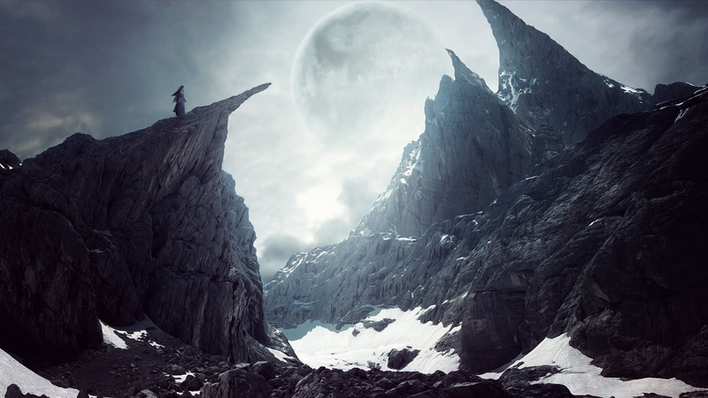 mountains, artwork, canyon, snow, fantasy art, Moon, 1080P