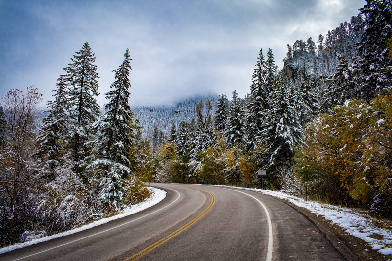 fall, sky, cold temperature, forest, gray, road, trees, pine, plant, no people, nature, scenics - nature, winter, concrete, spearfish canyon, direction