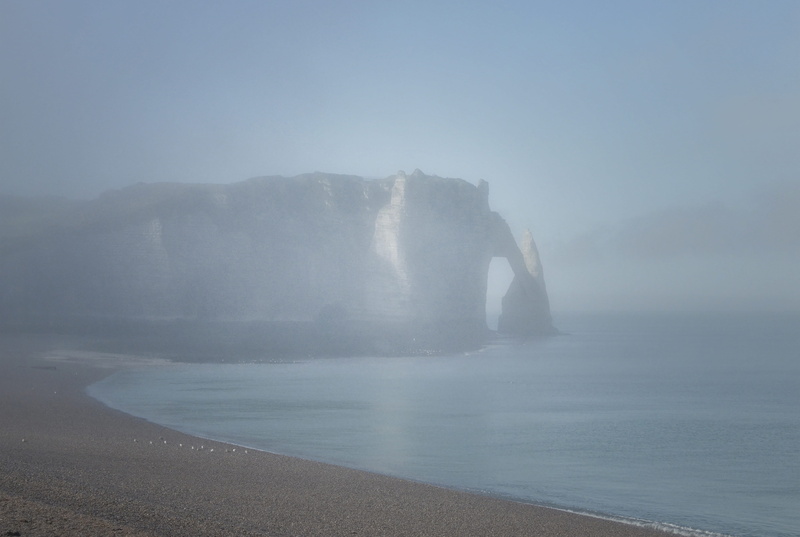 tranquil scene, non-urban scene, fog, rock formation, france, sky, flowing water, rock, plage, day, cliff, nature, scenics - nature, outdoors, idyllic