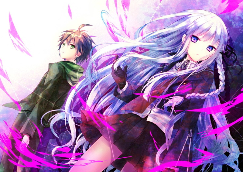 indoors, dyed hair, pink color, hair, beauty, females, looking at camera, fashion, body paint, Kyōko Kirigiri, people, multi colored, studio shot, Makoto Naegi
