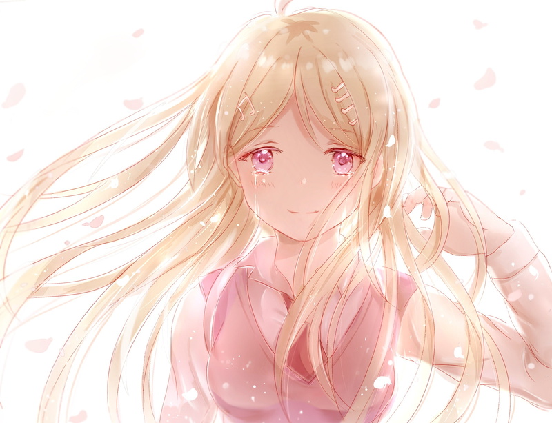 kaede, hair, com, long, konachan, eyes, new, 252406, dangan-ronpa, pink, close, iceblue, blonde, shirt, akamatsu, white, 1080P, tears