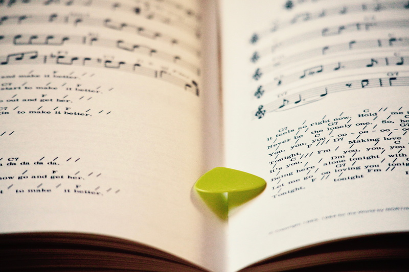 scores, music, close-up, publication, wisdom, musical instruments, learning, note pad, guitar, sound, plectrum, handwriting, text, musical notes, artist