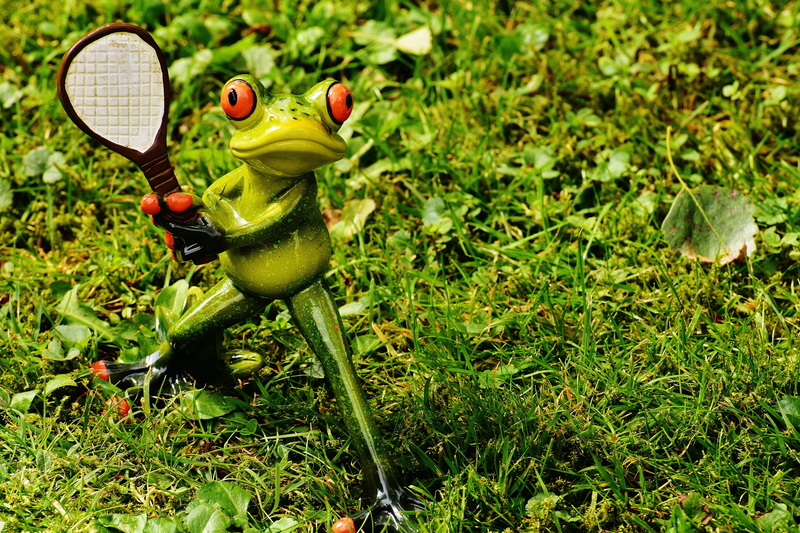 tennis racket, beauty in nature, 5K, outdoors, plant, human representation, growth, grass, decor, figures, sport, cute, male likeness, fun, focus on foreground