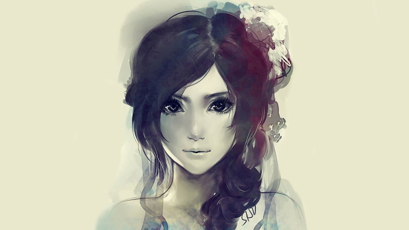 brunette, eyes, wavy hair, artwork, beige background, 1080P, paintings, painting, face, upscaled, hd, brunettes, faces