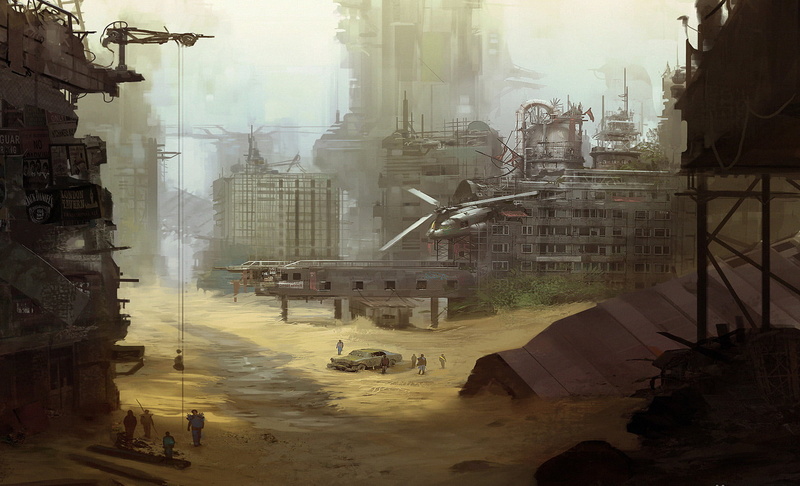 no people, water, factory, ruins, helicopters, city, reflection, path, smoke - physical structure, architecture, fog, 720P, illustration, artwork, building exterior