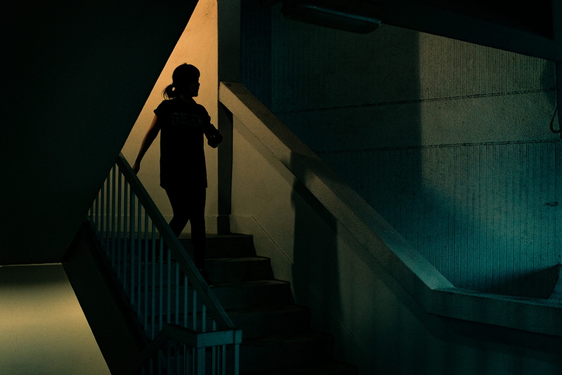 standing, light, down, evening, stairway, night, built structure, nature, architecture, person, going down, shadow, people, high angle view, handrail, stairwell