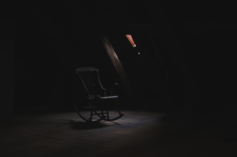 copy space, rocking, indoors, room, 4K, flooring, dark, seat, domestic room, light, arts culture and entertainment, rocking chair, horror, house, creepy