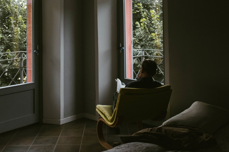 brown, room, window, chair, sitting, men, full length, publication, day, 4K, reading, furniture, domestic room, rocking, home interior, yellow, casual clothing