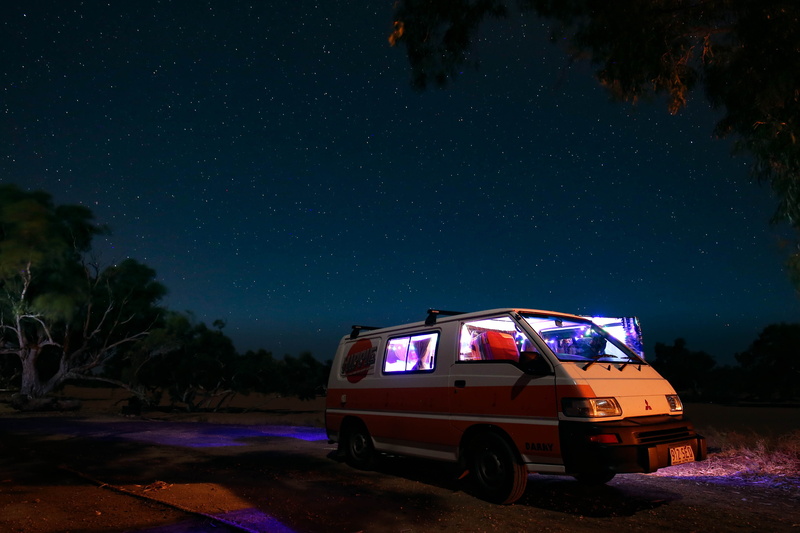 car, illuminated, white, trees, nightsky, mitsubishi, camping, star, star field, transportation, 4K, field, vehicle, stars, campervan, mode of transportation
