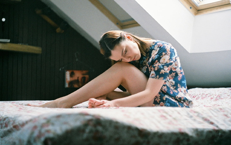 lifestyles, closed eyes, Flower Dress, hairstyle, women indoors, Chill Out, Justin Takes Pictures, face, furniture, sitting, bed, home interior, real people