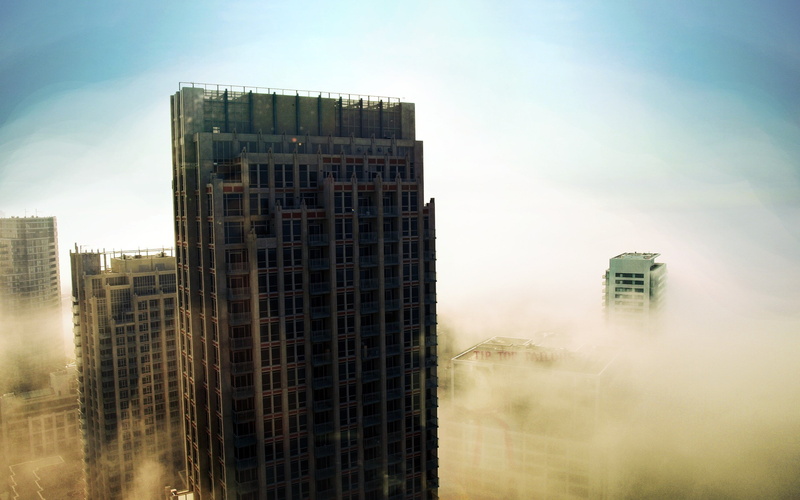 outdoors, clouds, fog, bright, day, Sun, nature, apartment, modern, city, no people, sky, office, mist, building, residential district, 2K, tall - high