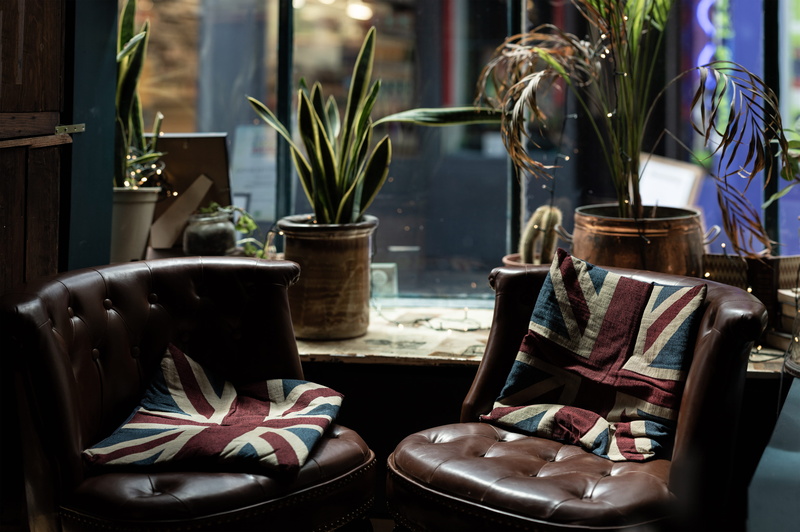 chair, sofa, tufted, cafe, home, absence, 4K, empty, calm, two, growth, glass - material, flower pot, container, beside, rustic, hipster, table, tea, no people