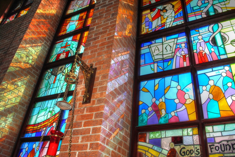 decorative, Church, building exterior, Stained, colourful, creative, colour, mural, brick, architecture, low angle view, Windows, day, stained-glass, wall