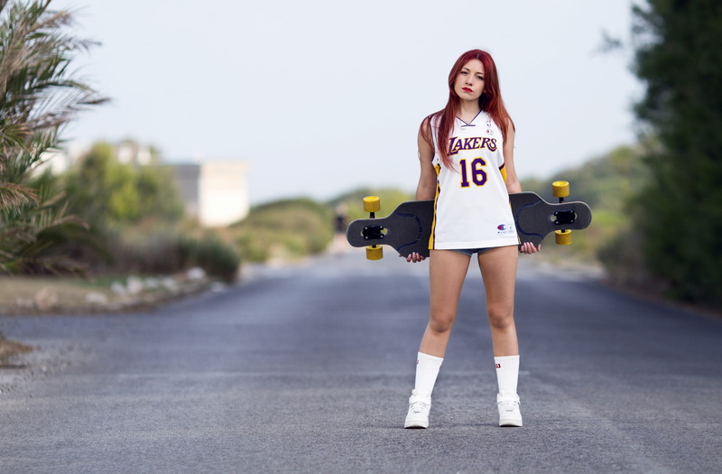 hair, portrait, standing, one person, long hair, looking at camera, skateboard, road, real people, young women, jean shorts, teenager, clothing, 1080P